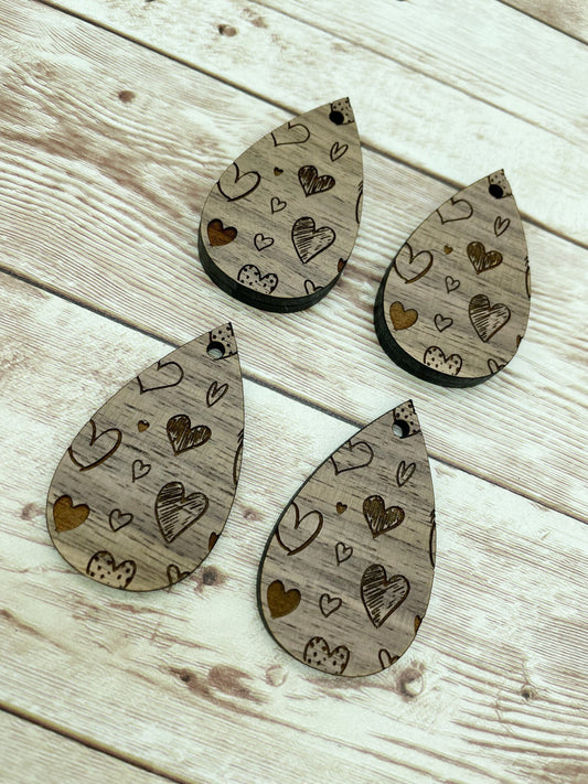 Wood Teardrop Engraved Heart Print #1 Earring Blanks, Finished Walnut Blank, DIY Jewelry Making