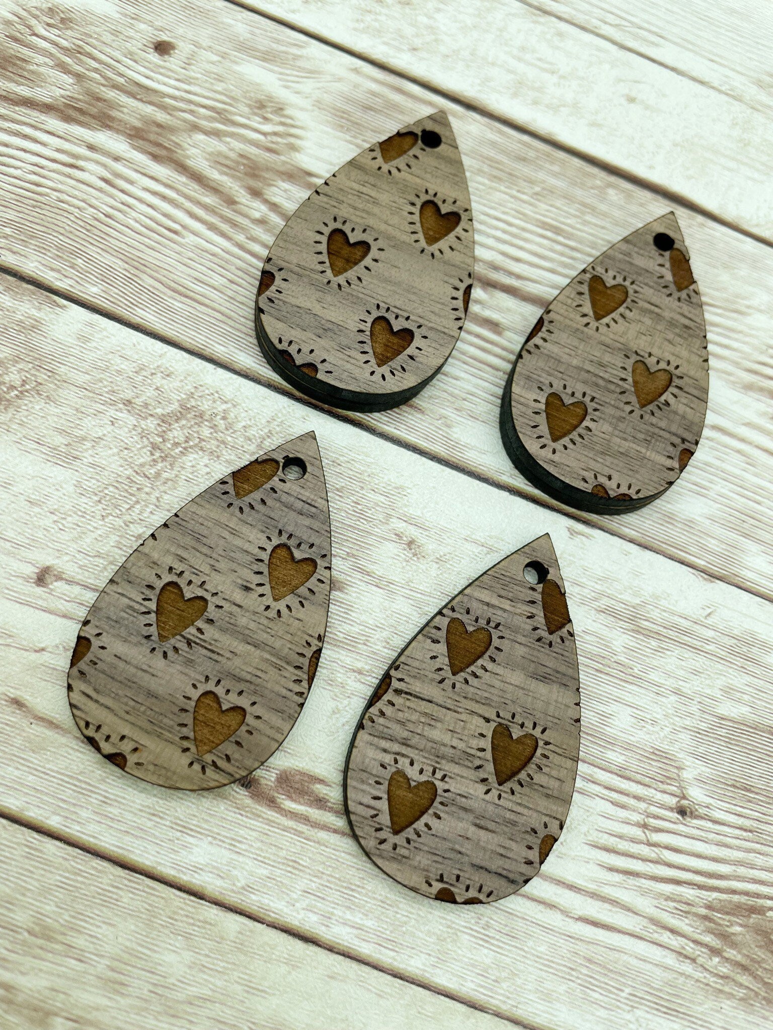 Wood Teardrop Engraved Heart Print #2 Earring Blanks, Finished Walnut Blank, DIY Jewelry Making