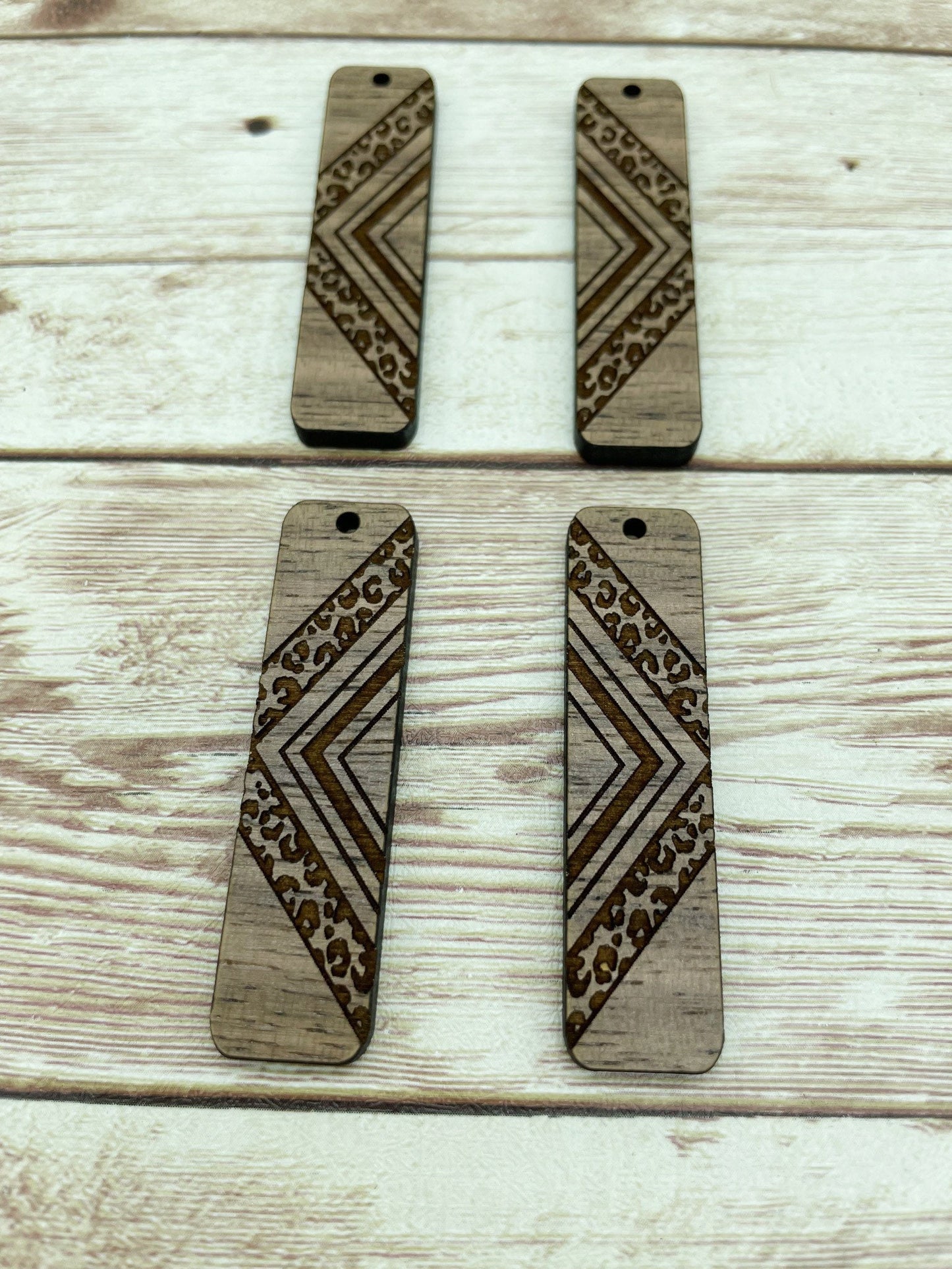 Wood Bar Engraved Leopard Print Southwestern Earring Blanks, Finished Walnut Blank, DIY Jewelry Making