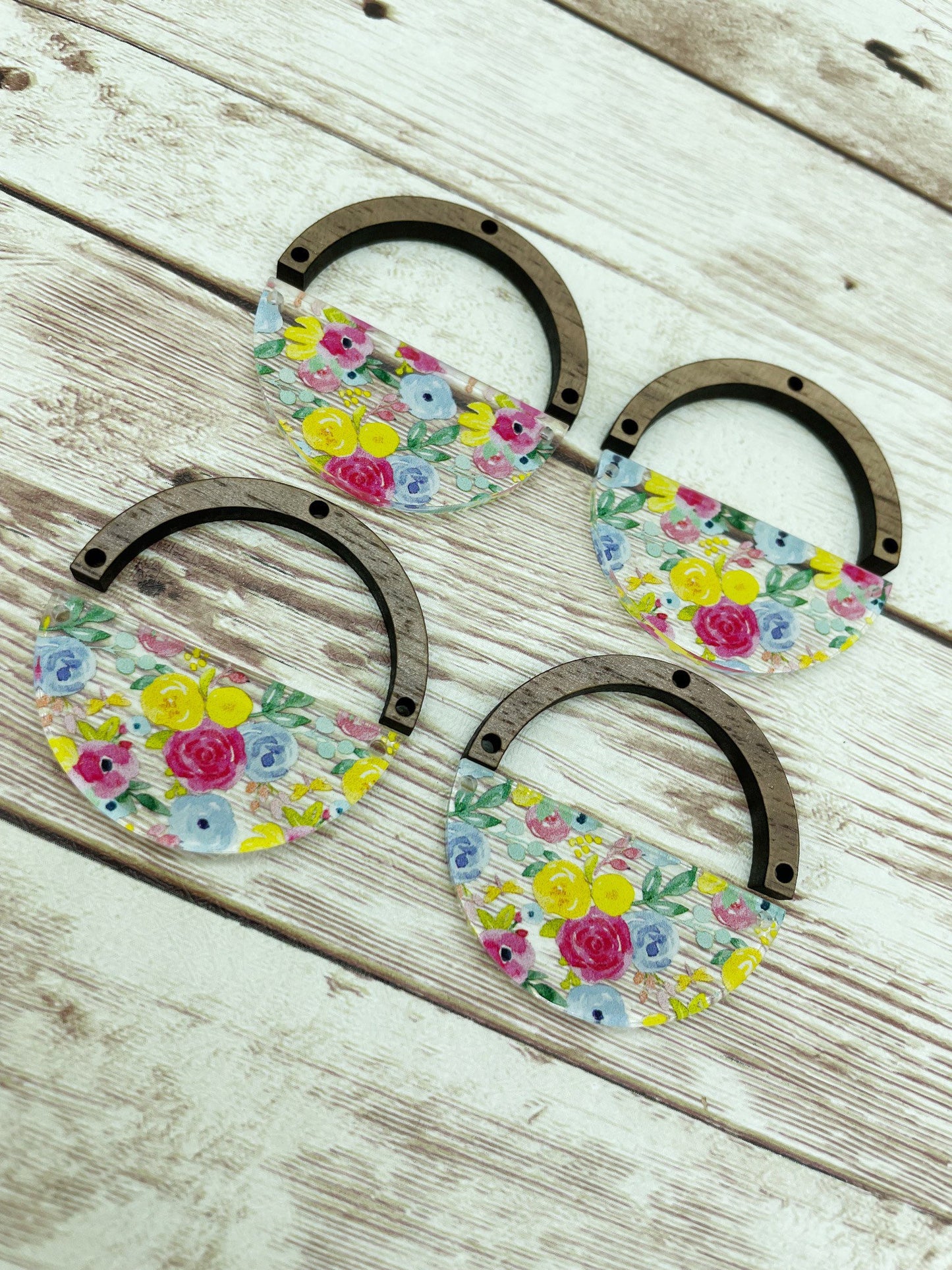 Patterned Acrylic and Wood Arch Round Spring Floral Print Earring Blanks, DIY Jewelry Making