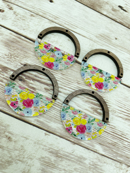 Patterned Acrylic and Wood Arch Round Spring Floral Print Earring Blanks, DIY Jewelry Making