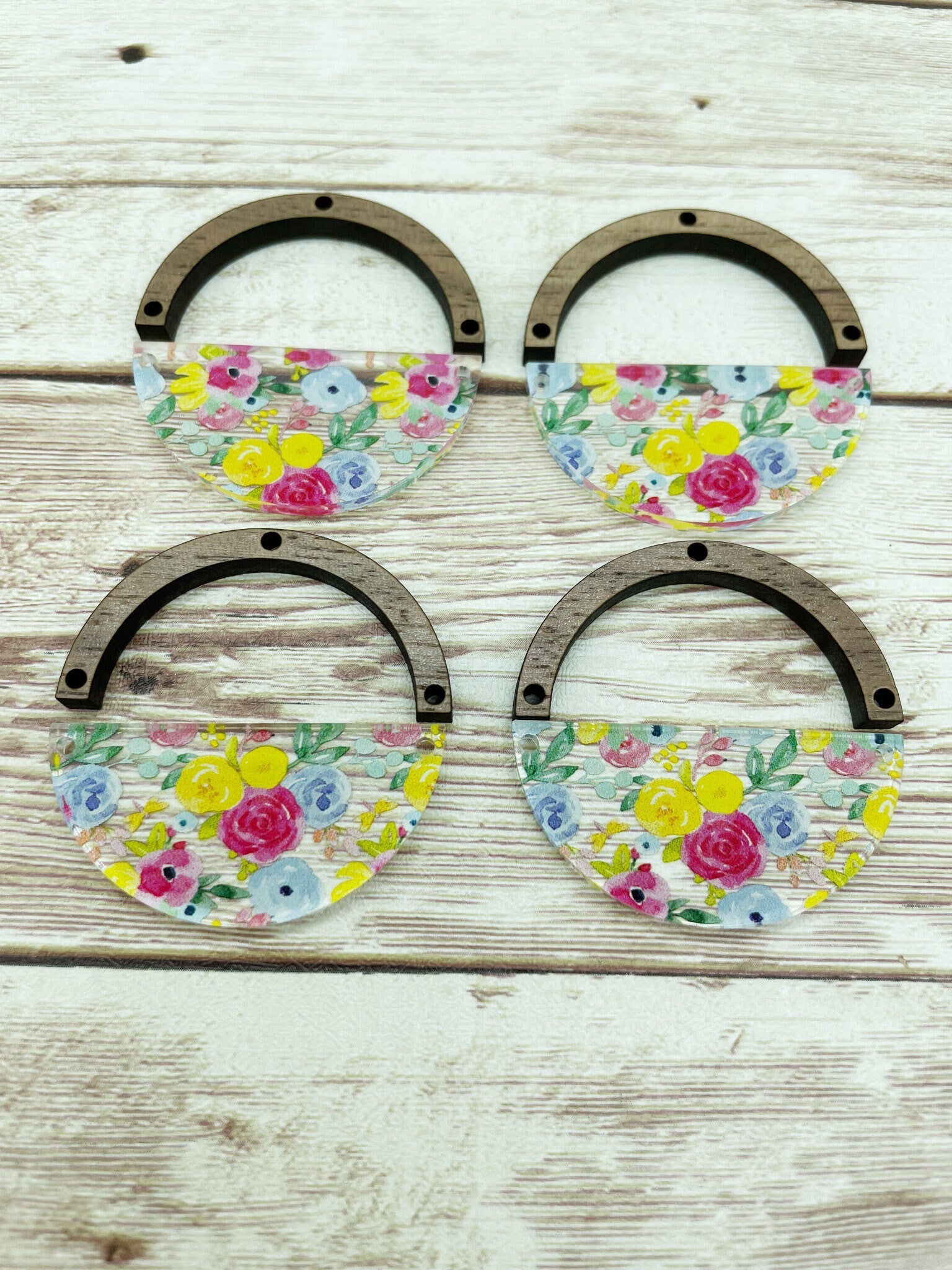 Patterned Acrylic and Wood Arch Round Spring Floral Print Earring Blanks, DIY Jewelry Making