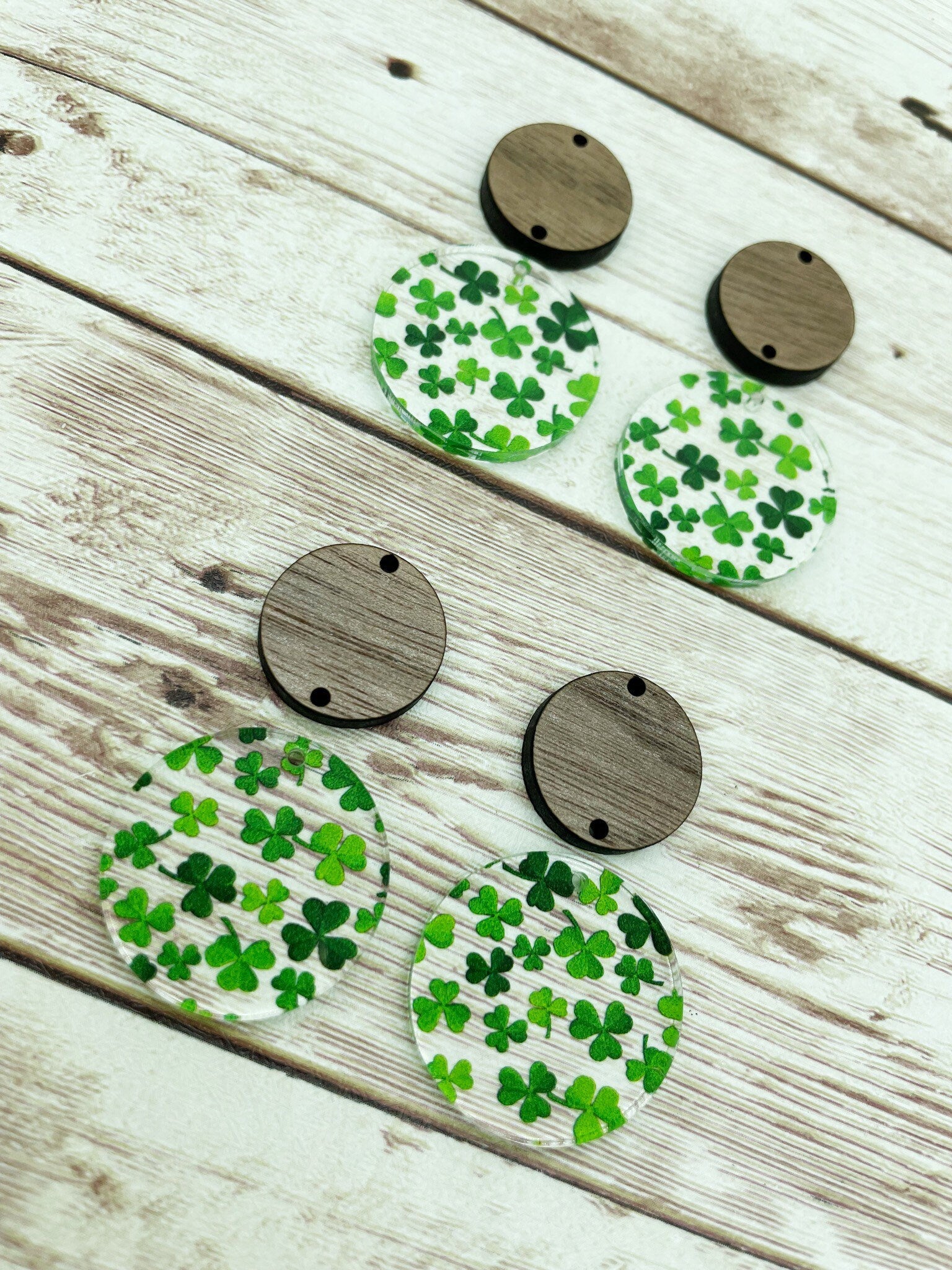 Patterned Acrylic and Wood Circle Set Shamrock Print Earring Blanks, DIY Jewelry Making