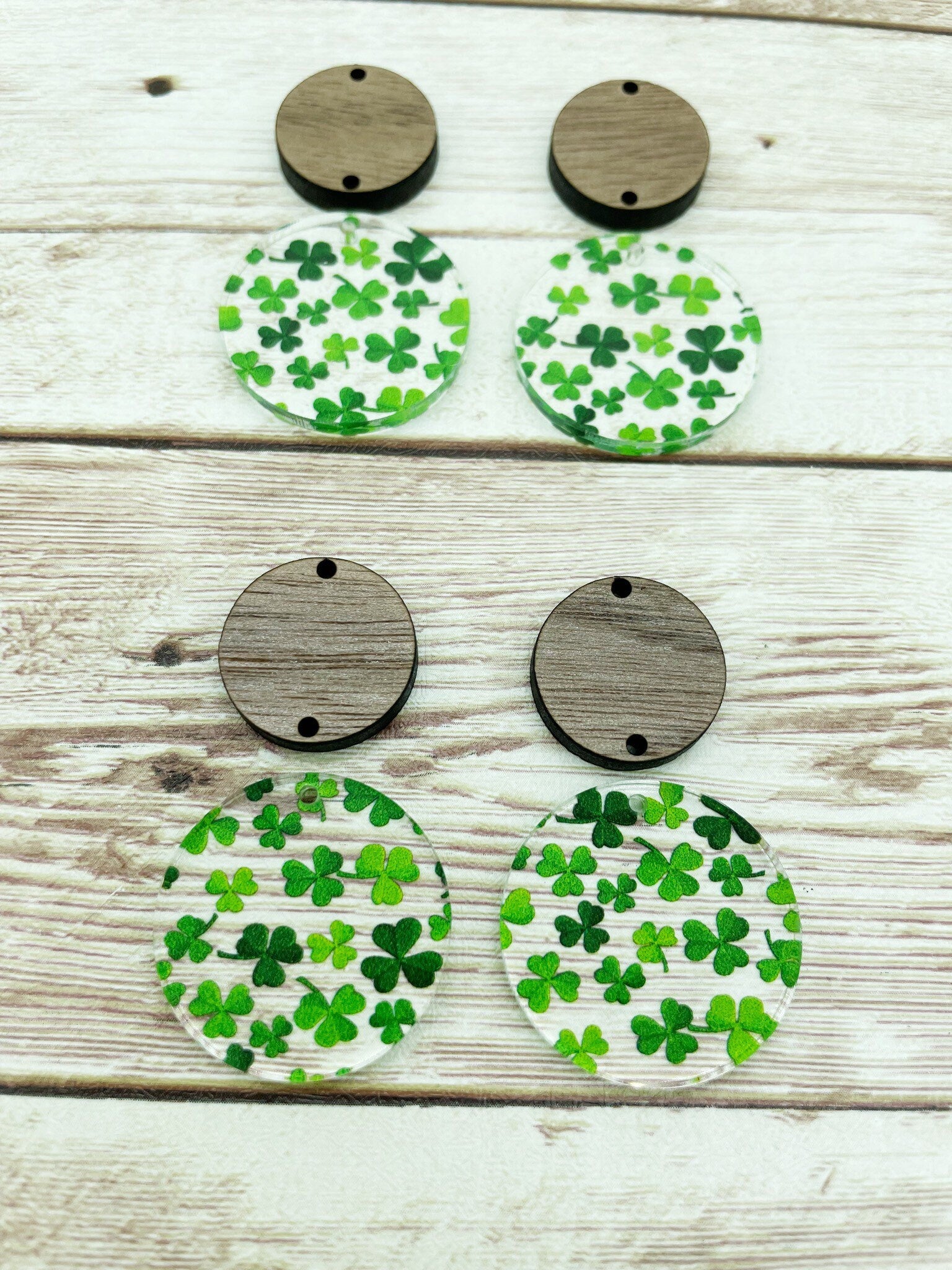 Patterned Acrylic and Wood Circle Set Shamrock Print Earring Blanks, DIY Jewelry Making