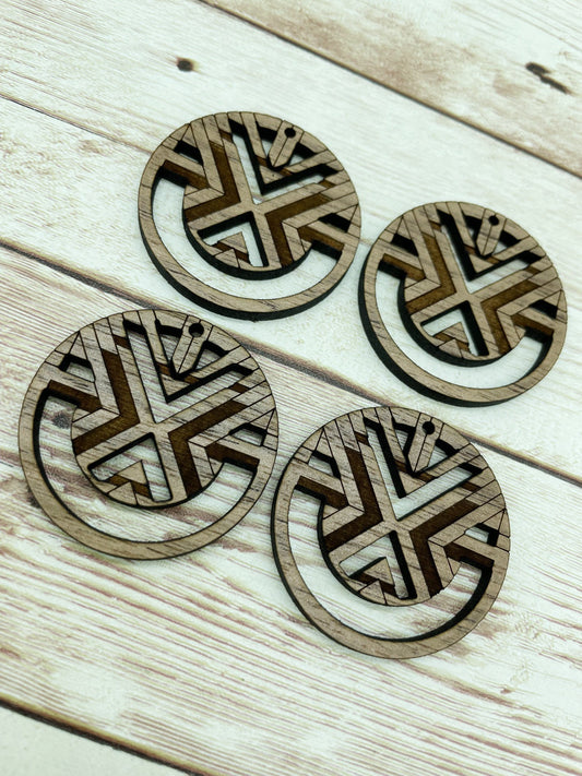 Wood Circle Engraved Aztec Macrame Earring Blanks, Finished Walnut Blank, DIY Jewelry Making