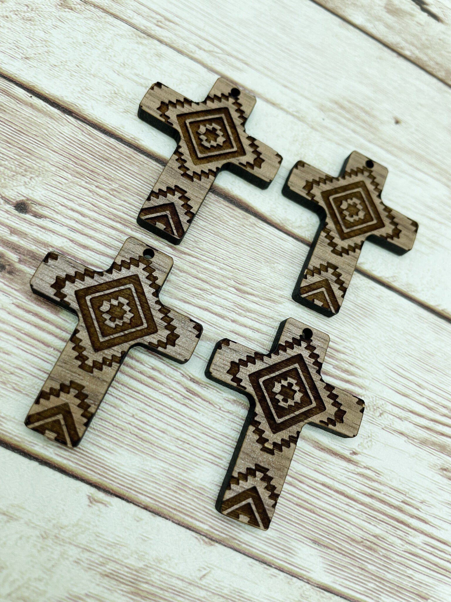 Wood Cross Engraved Southwestern Print Earring Blanks, Finished Walnut Blank, DIY Jewelry Making