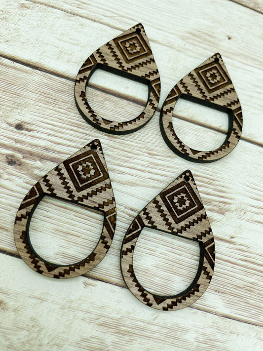 Wood Teardrop Engraved Southwestern Print Macrame Earring Blanks, Finished Walnut Blank, DIY Jewelry Making