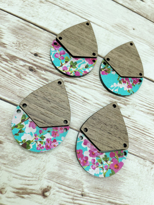 Patterned Blossom Acrylic and Walnut Teardrop Set Earring Blanks, DIY Jewelry Making