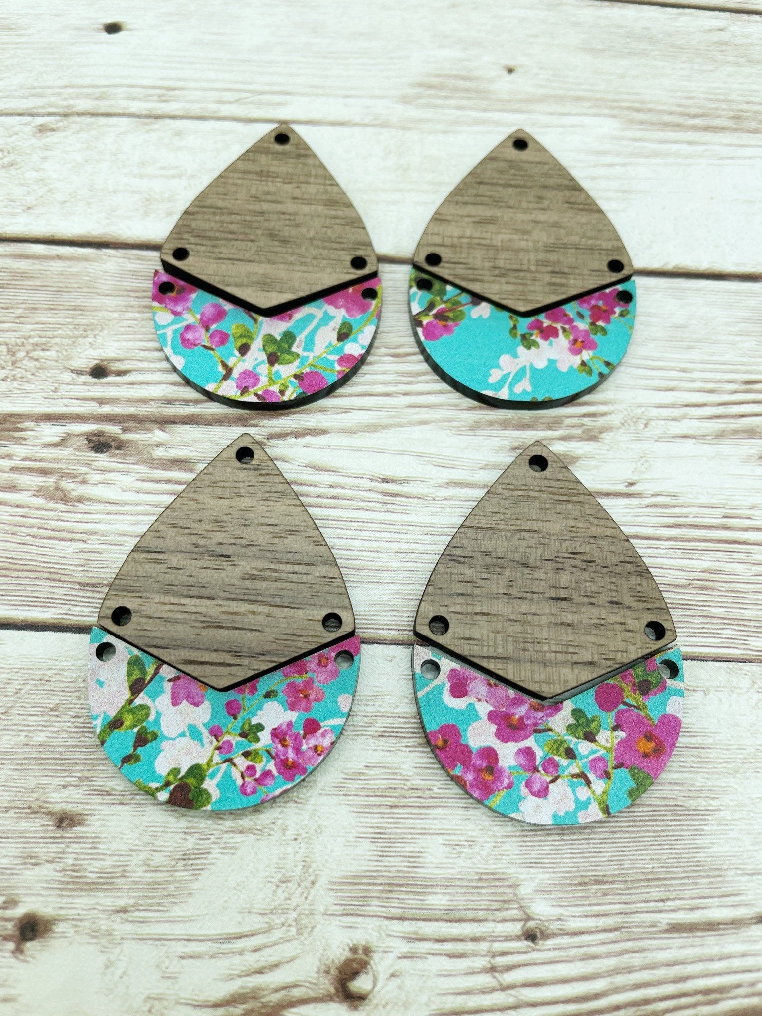 Patterned Blossom Acrylic and Walnut Teardrop Set Earring Blanks, DIY Jewelry Making