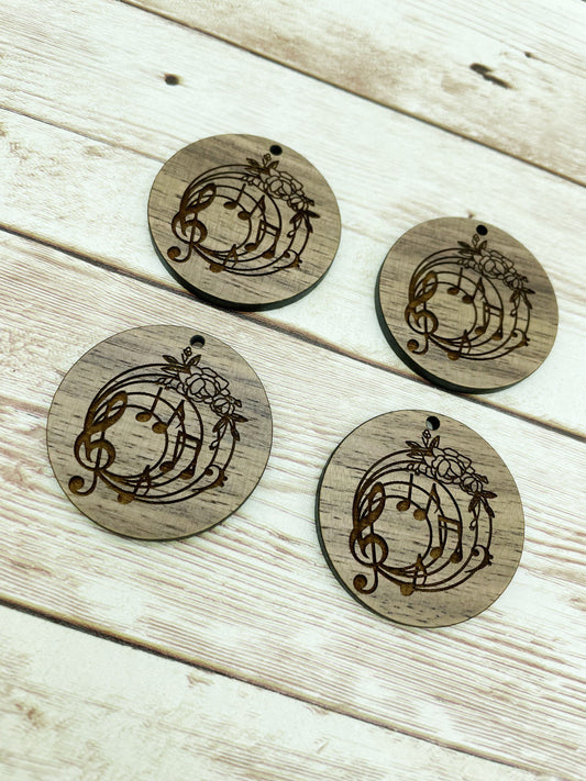Wood Circle Engraved Floral Music Notes Earring Blanks, Finished Walnut Blank, DIY Jewelry Making