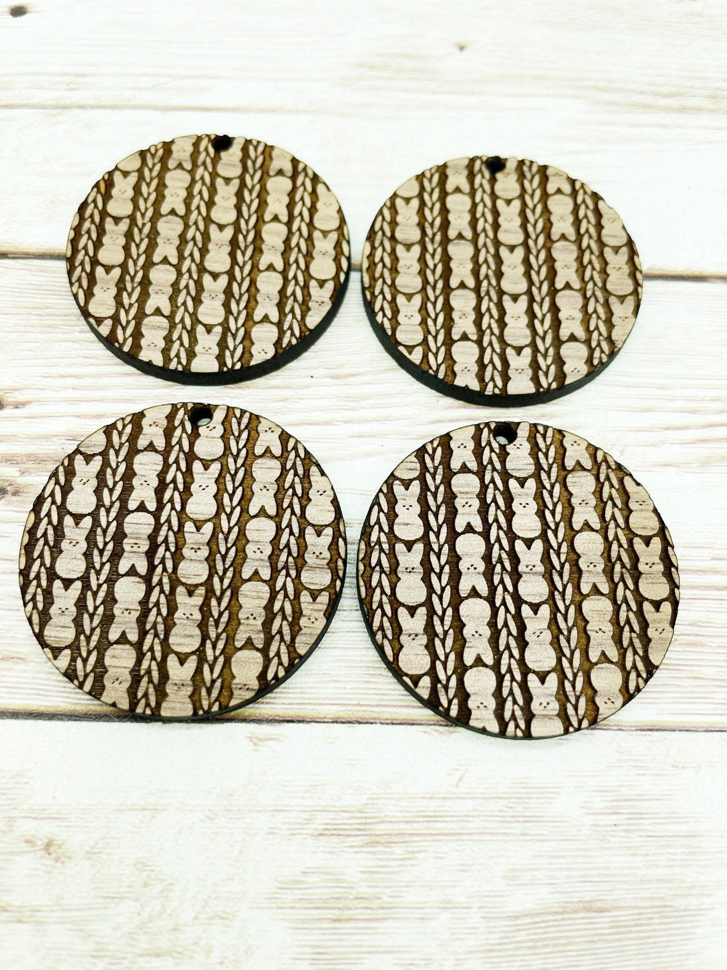 Wood Circle Engraved Marshmallow Bunny Weave Earring Blanks, Finished Walnut Blank, DIY Jewelry Making