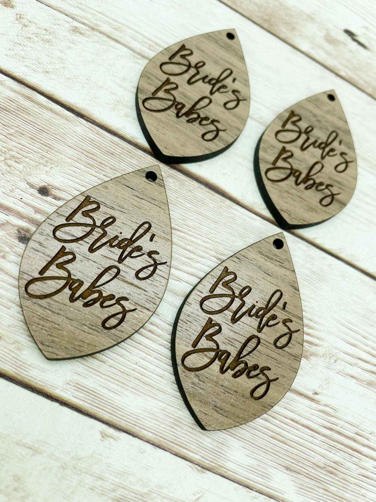 Wood Teardrop Engraved Bride’s Babes Earring Blanks, Finished Walnut Blank, DIY Jewelry Making