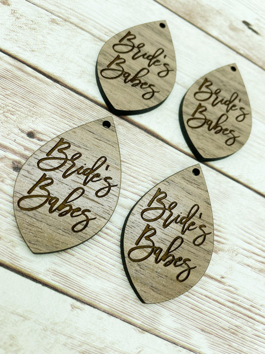 Wood Teardrop Engraved Bride’s Babes Earring Blanks, Finished Walnut Blank, DIY Jewelry Making