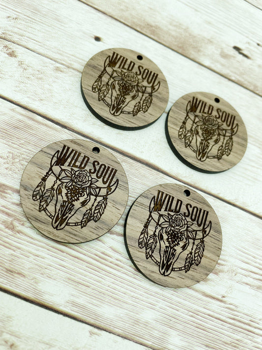 Wood Circle Engraved Wild Soul Floral Cow Skull Earring Blanks, Finished Walnut Blank, DIY Jewelry Making
