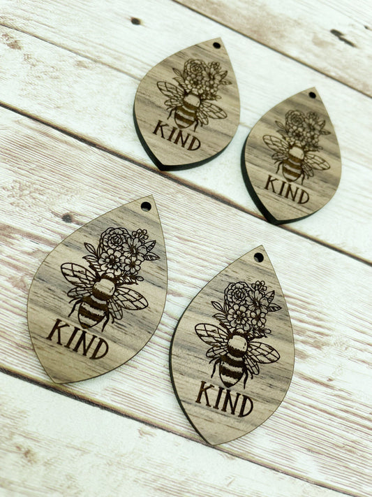Wood Teardrop Engraved Floral Bee Kind Earring Blanks, Finished Walnut Blank, DIY Jewelry Making