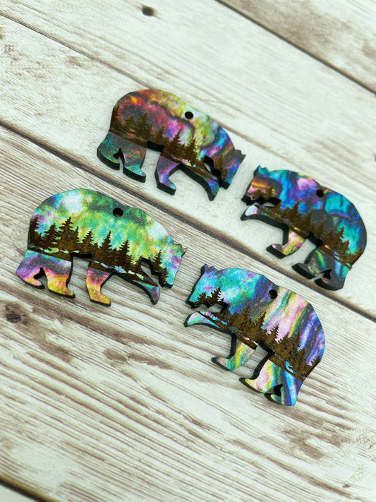 Patterned Wood Engraved Bear and Trees Earring Blanks, DIY Jewelry Making
