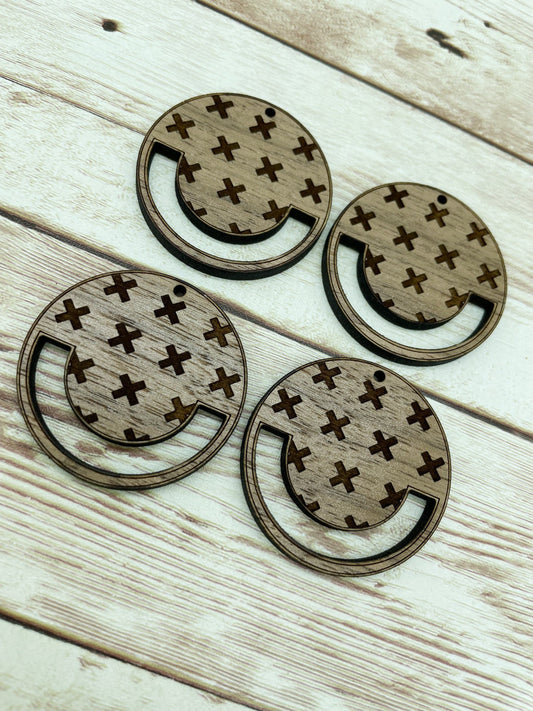 Wood Circle Engraved Stitch Macrame Earring Blanks, Finished Walnut Blank, DIY Jewelry Making