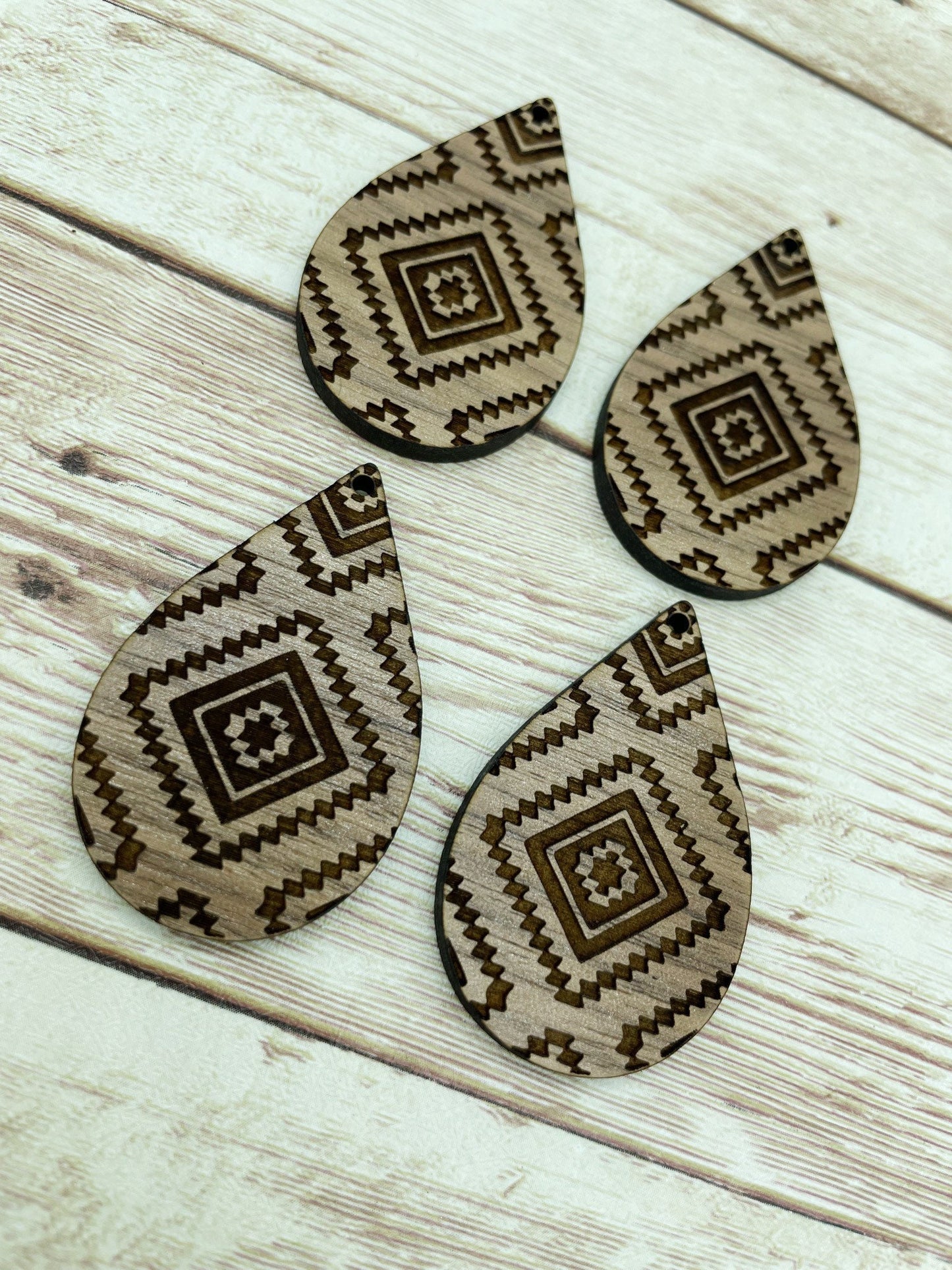 Wood Teardrop Engraved Southwestern Print Earring Blanks, Finished Walnut Blank, DIY Jewelry Making