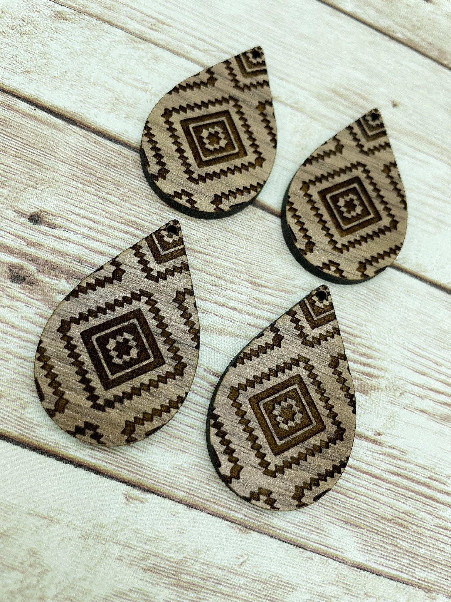 Wood Teardrop Engraved Southwestern Print Earring Blanks, Finished Walnut Blank, DIY Jewelry Making
