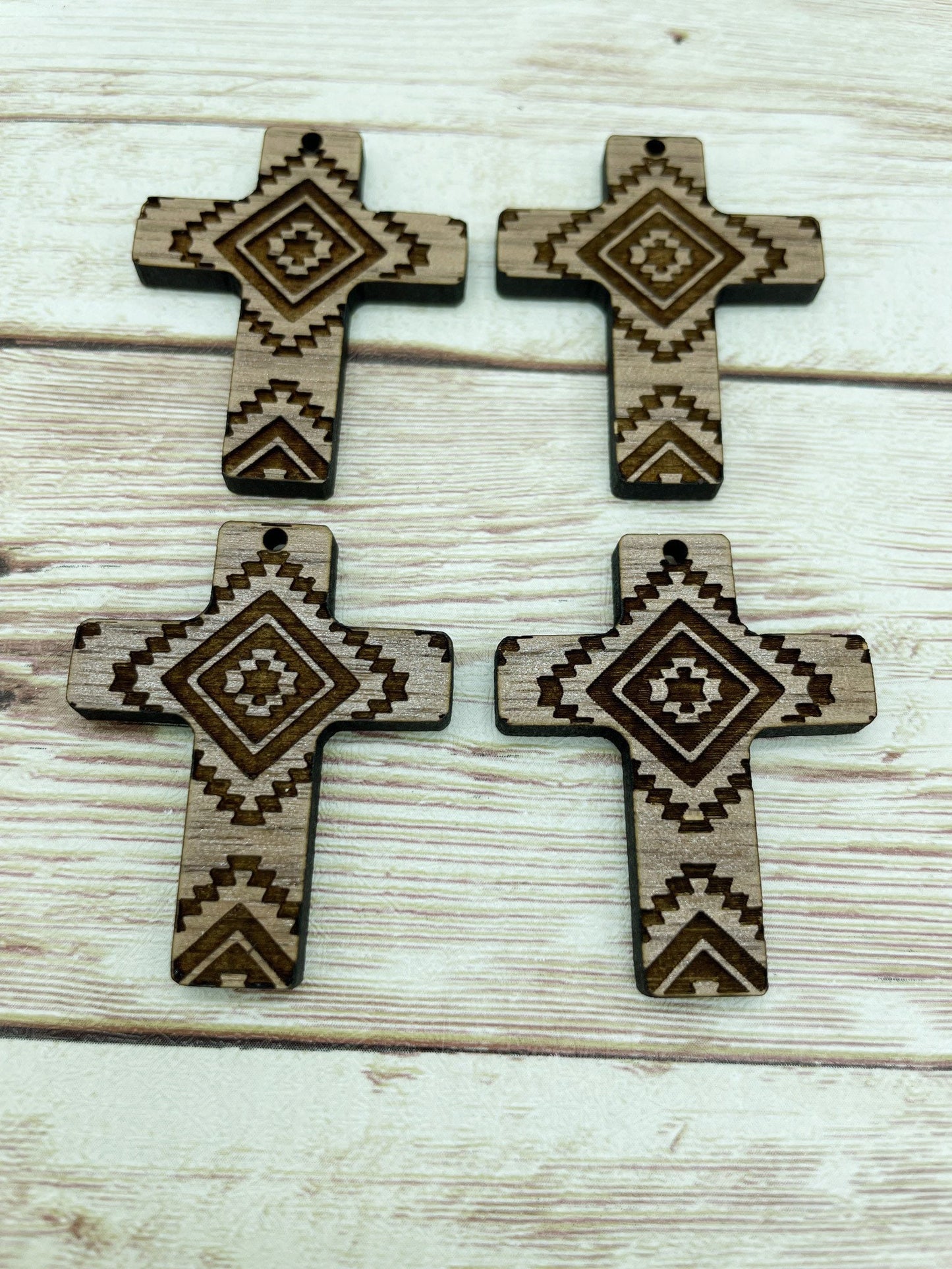 Wood Cross Engraved Southwestern Print Earring Blanks, Finished Walnut Blank, DIY Jewelry Making