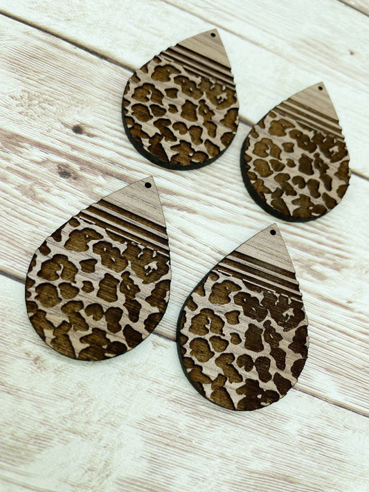 Wood Teardrop Engraved Striped Leopard Print Earring Blanks, Finished Walnut Blank, DIY Jewelry Making