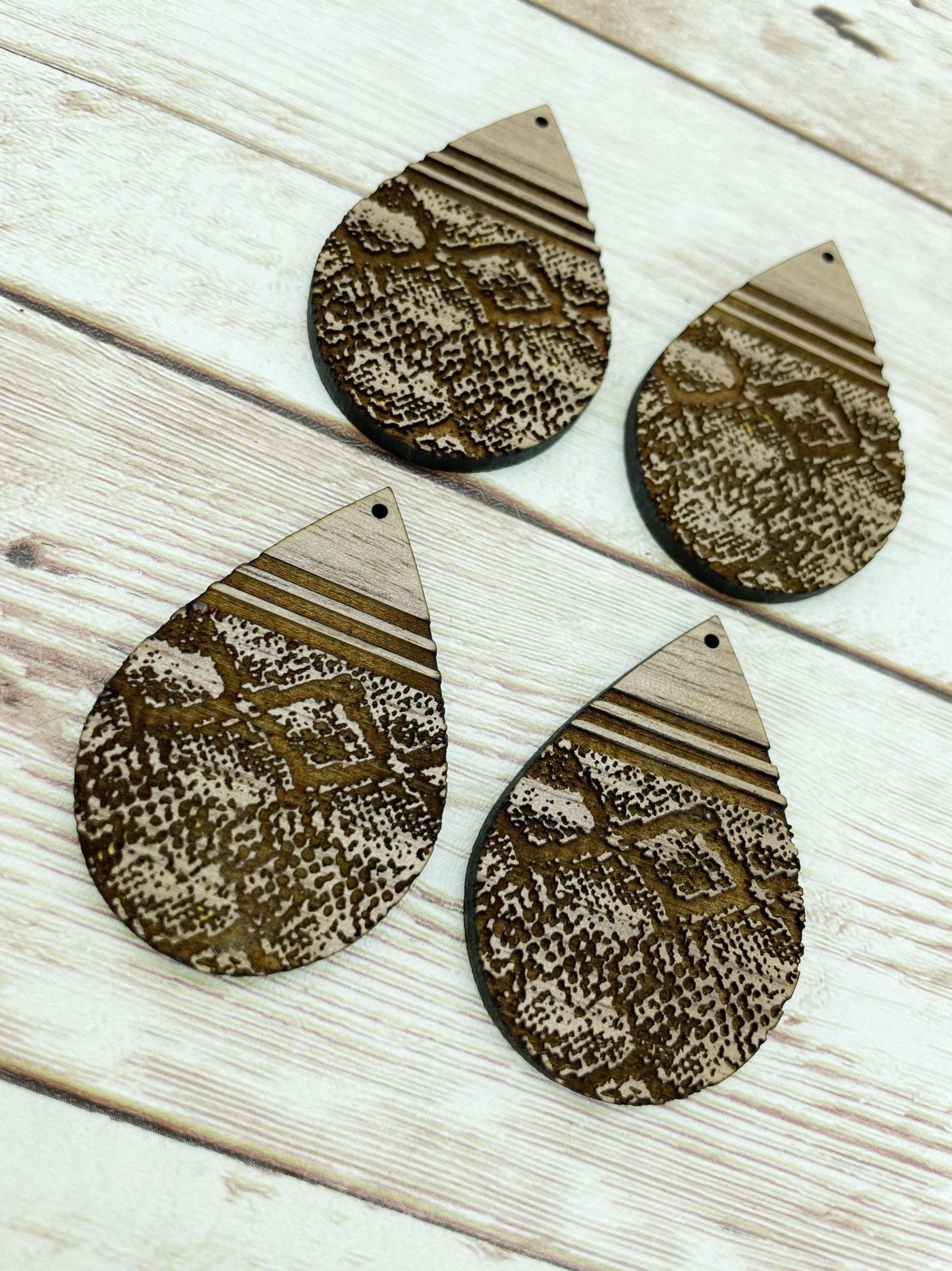 Wood Teardrop Engraved Striped Snakeskin Print Earring Blanks, Finished Walnut Blank, DIY Jewelry Making