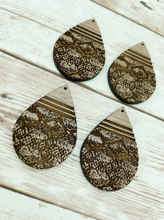Wood Teardrop Engraved Striped Snakeskin Print Earring Blanks, Finished Walnut Blank, DIY Jewelry Making
