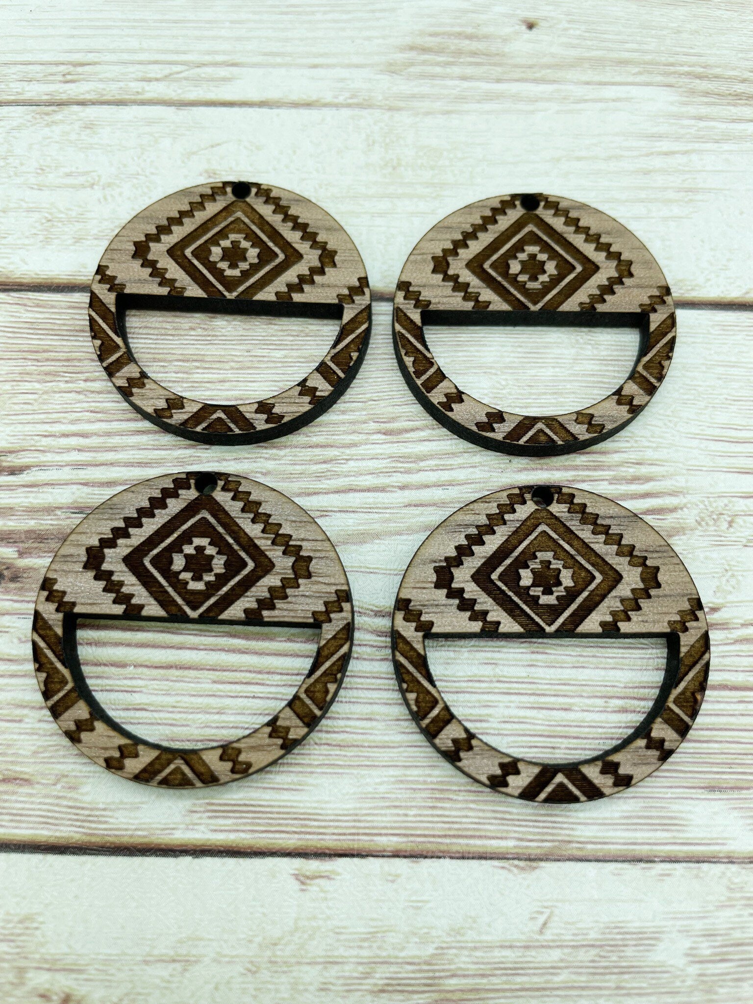Wood Circle Engraved Southwestern Print Macrame Earring Blanks, Finished Walnut Blank, DIY Jewelry Making