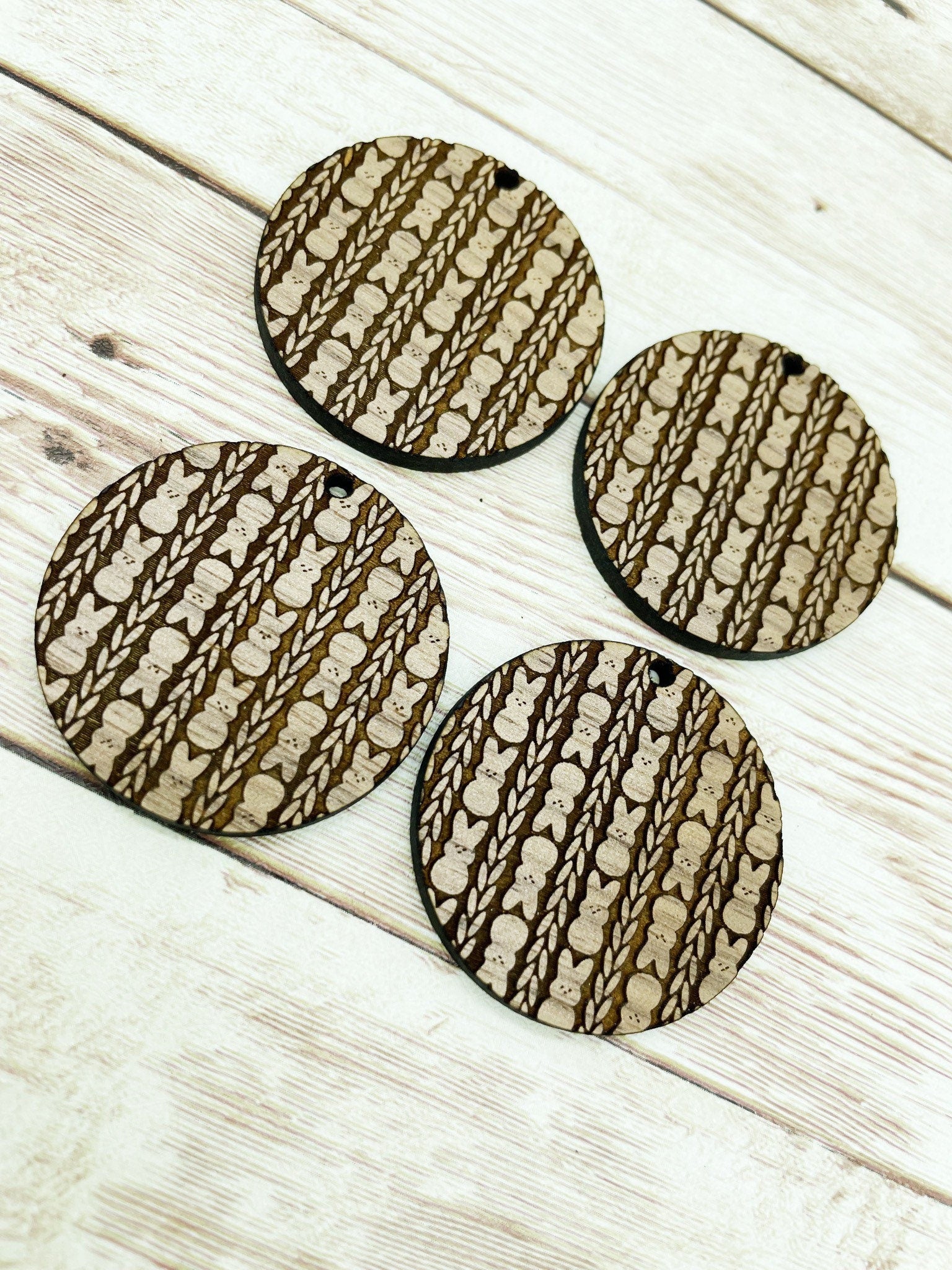 Wood Circle Engraved Marshmallow Bunny Weave Earring Blanks, Finished Walnut Blank, DIY Jewelry Making