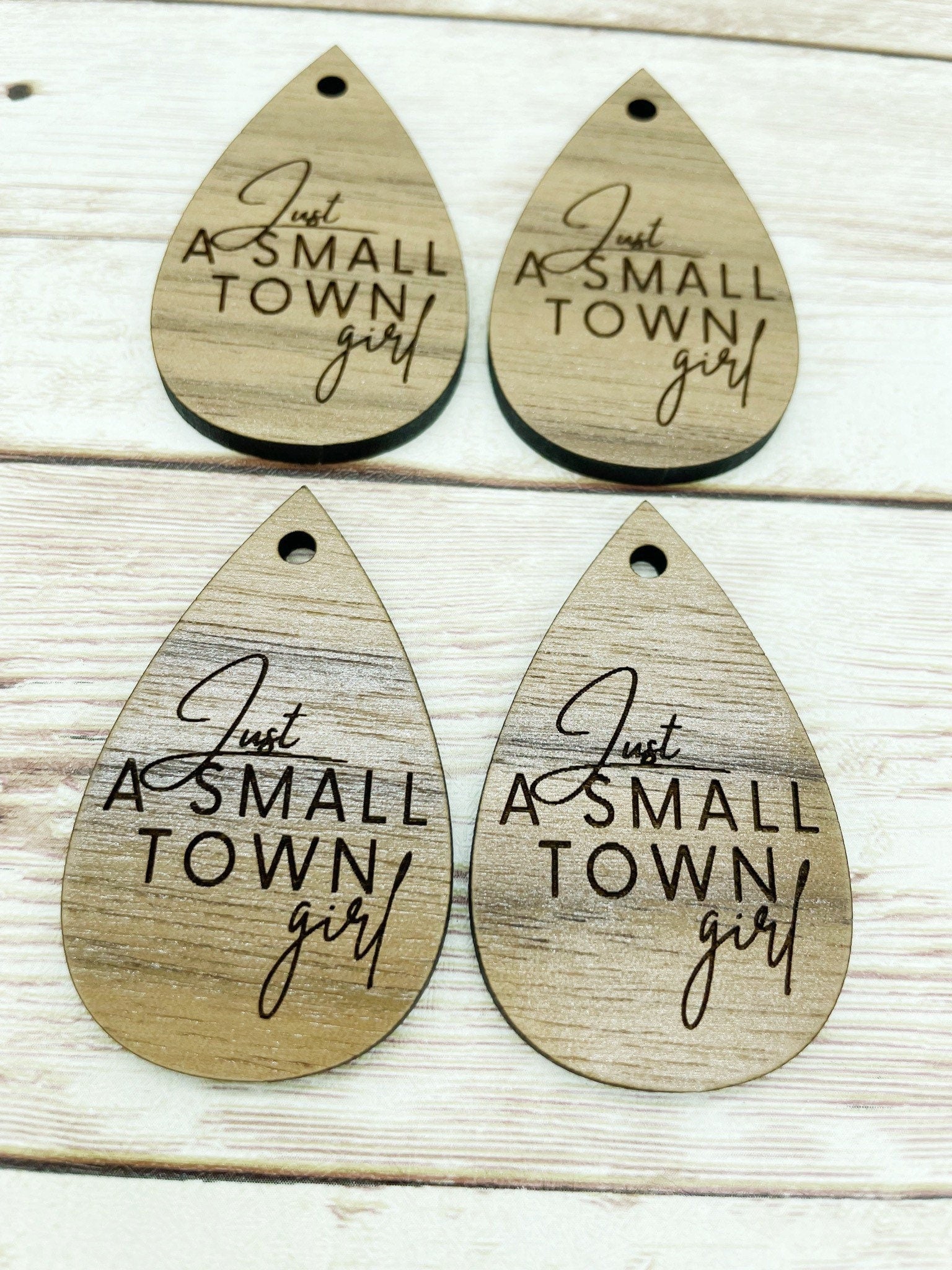 Wood Teardrop Engraved Just a Small Town Girl Earring Blanks, Finished Walnut Blank, DIY Jewelry Making