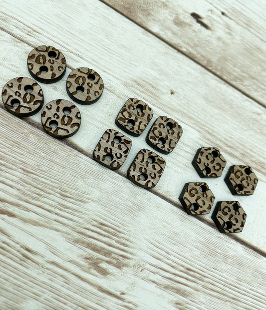 Wood Engraved Leopard Print Earring Connectors Set of 6 Pair, Finished Walnut Blank, DIY Jewelry Making