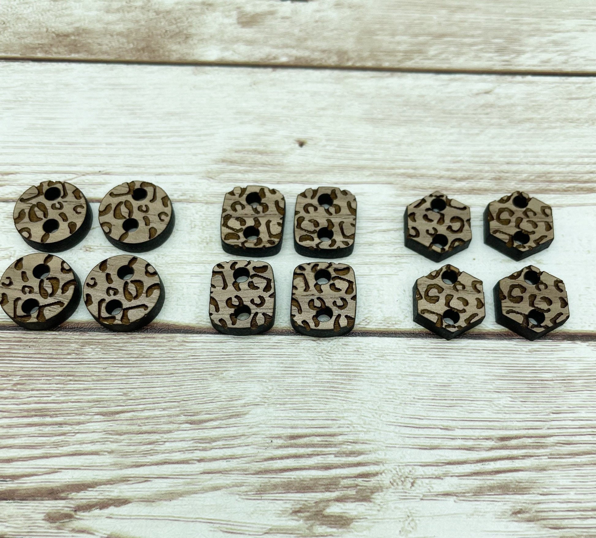 Wood Engraved Leopard Print Earring Connectors Set of 6 Pair, Finished Walnut Blank, DIY Jewelry Making