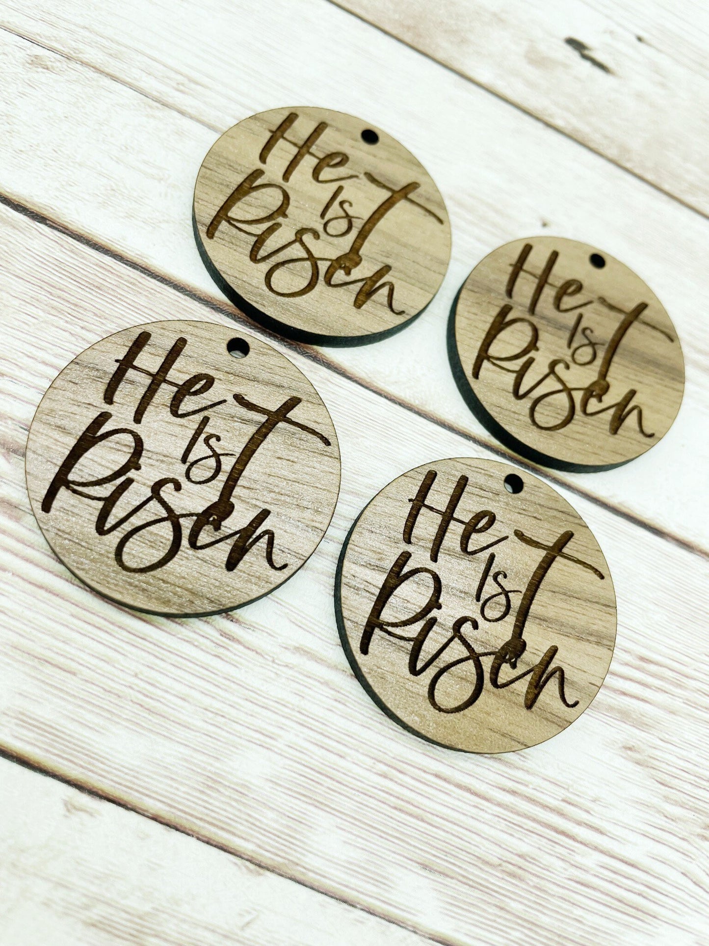 Wood Circle Engraved He is Risen Earring Blanks, Finished Walnut Blank, DIY Jewelry Making