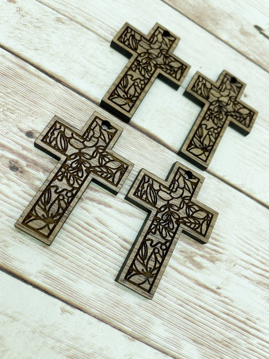 Wood Engraved Floral Cross Earring Blanks, Finished Walnut Blank, DIY Jewelry Making