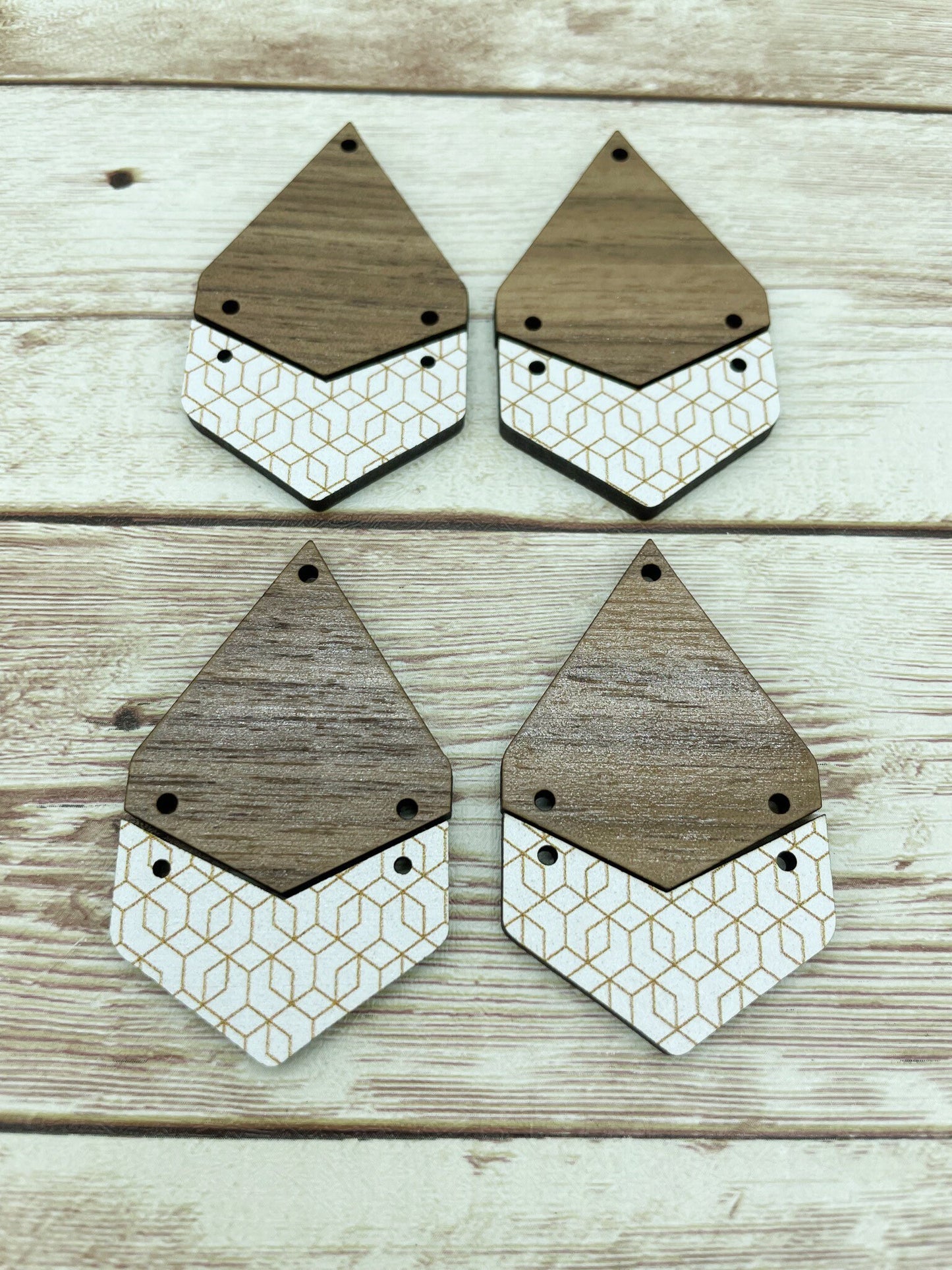 Patterned White and Gold Geometric Print Acrylic and Walnut Teardrop Set Earring Blanks, DIY Jewelry Making