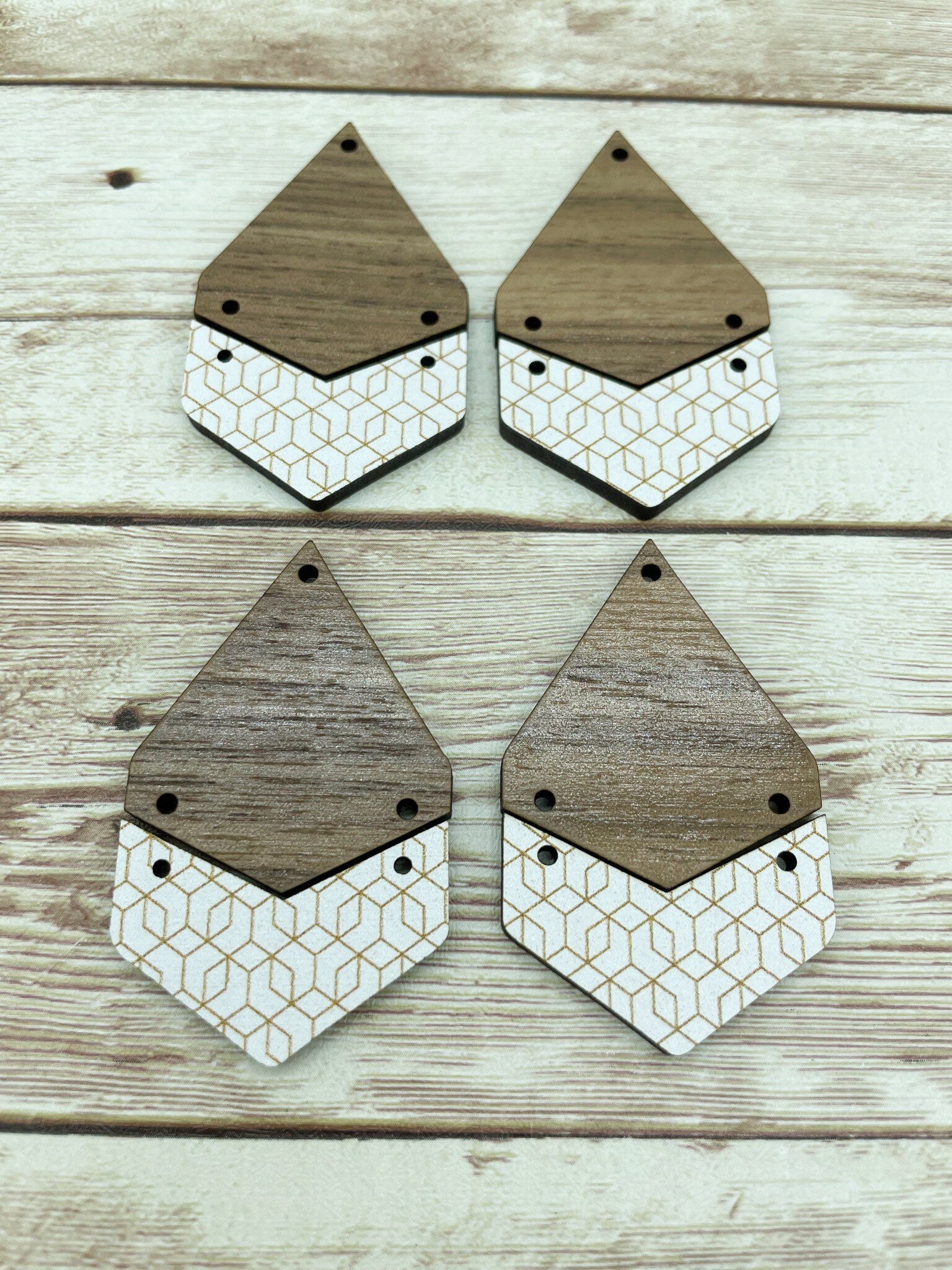 Patterned White and Gold Geometric Print Acrylic and Walnut Teardrop Set Earring Blanks, DIY Jewelry Making