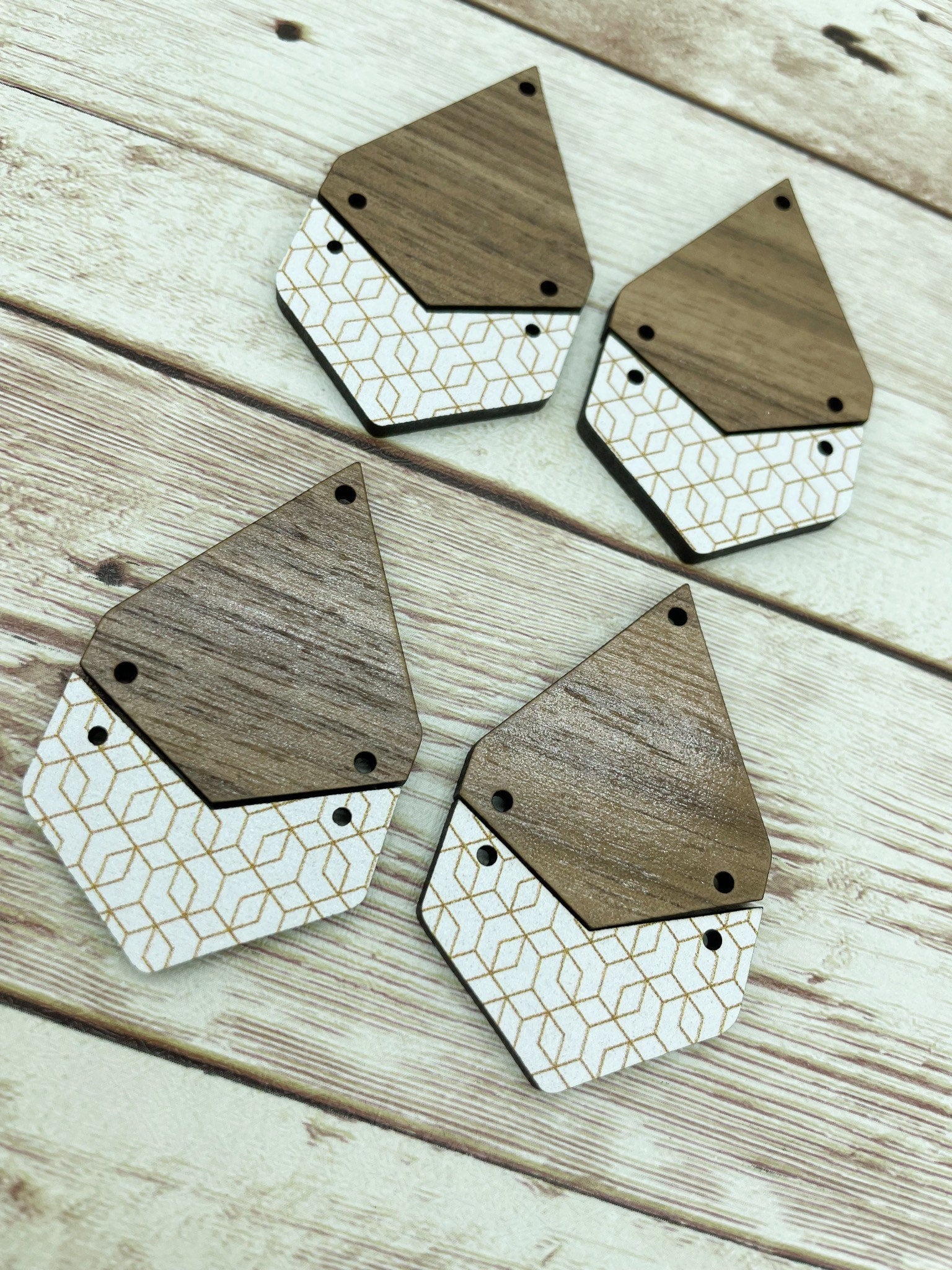 Patterned White and Gold Geometric Print Acrylic and Walnut Teardrop Set Earring Blanks, DIY Jewelry Making