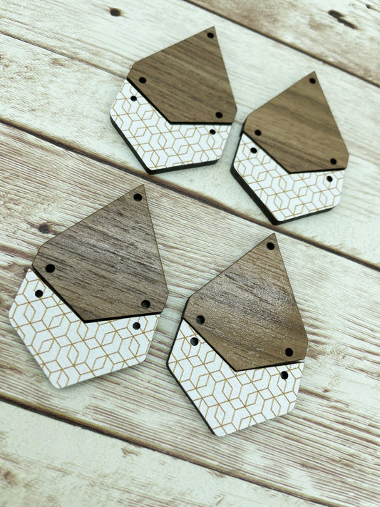 Patterned White and Gold Geometric Print Acrylic and Walnut Teardrop Set Earring Blanks, DIY Jewelry Making