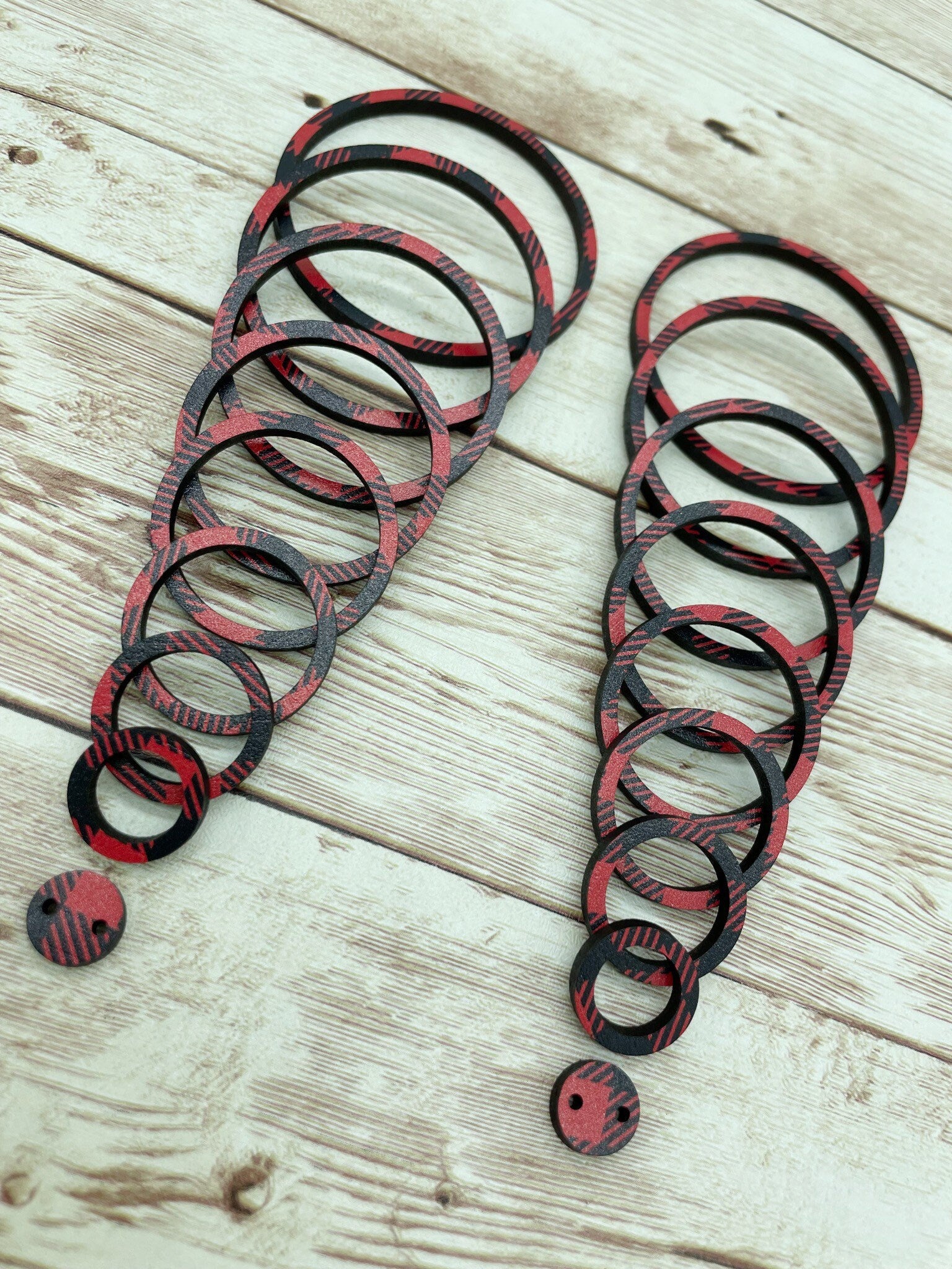 Buffalo Plaid Red and Black Wood Hoop Nesting Set, Earring Blanks, DIY Jewelry Making