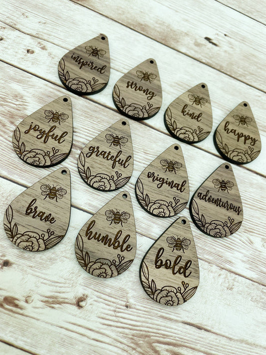 Engraved Bee Inspiration Words Earring Blanks, Finished Walnut, DIY Earring Blanks