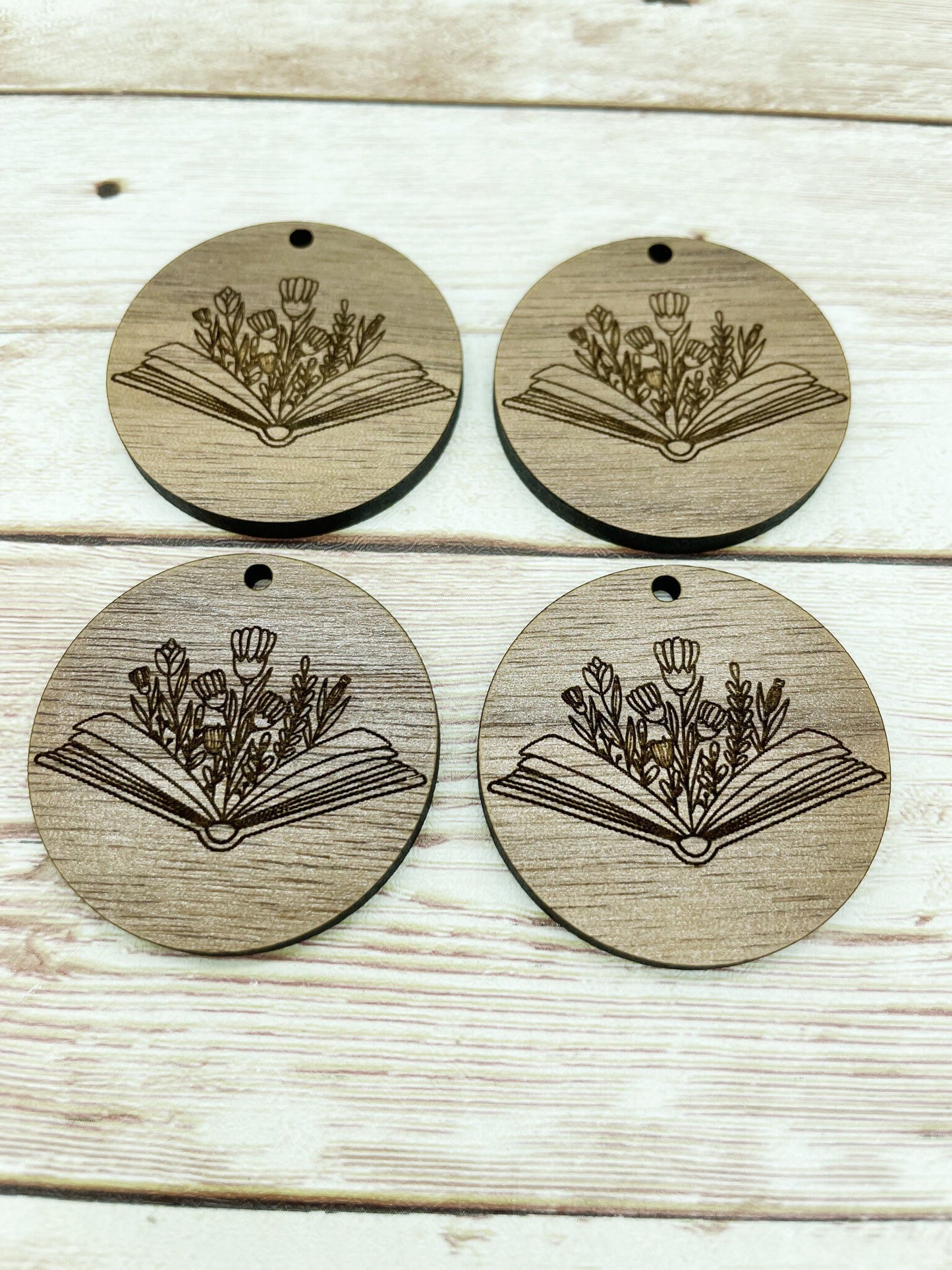 Wood Circle Engraved Floral Book Earring Blanks, Finished Walnut Blank, DIY Jewelry Making