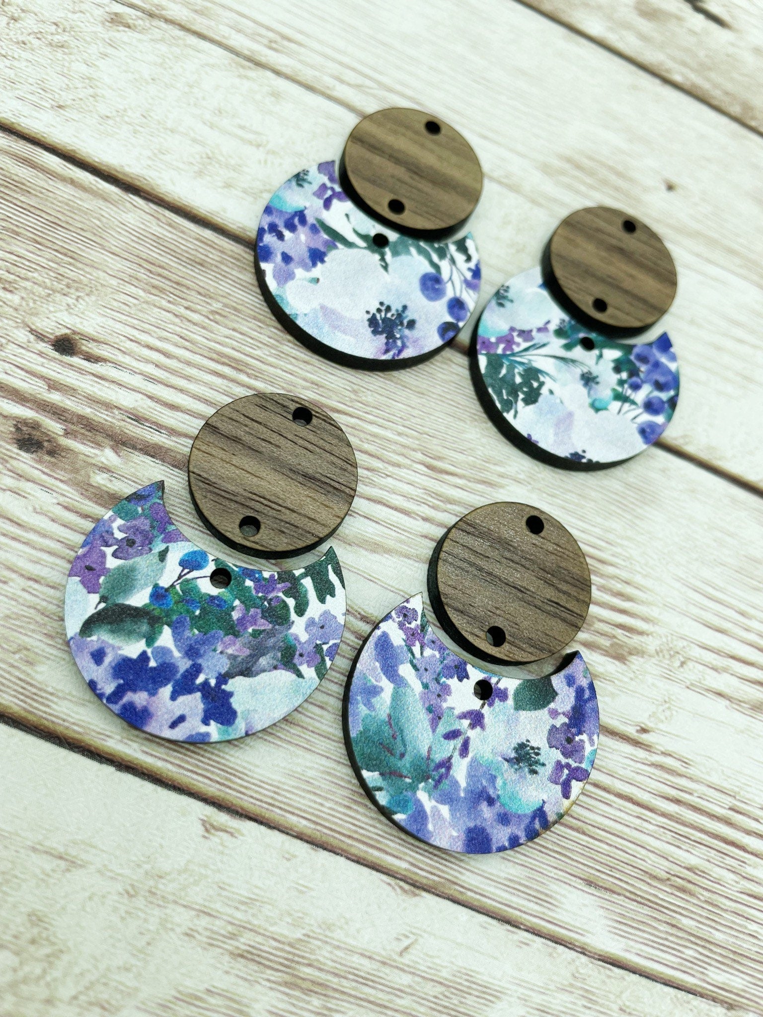 Patterned Floral and Wood Circle Set Earring Blanks, DIY Jewelry Making