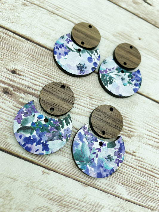Patterned Floral and Wood Circle Set Earring Blanks, DIY Jewelry Making