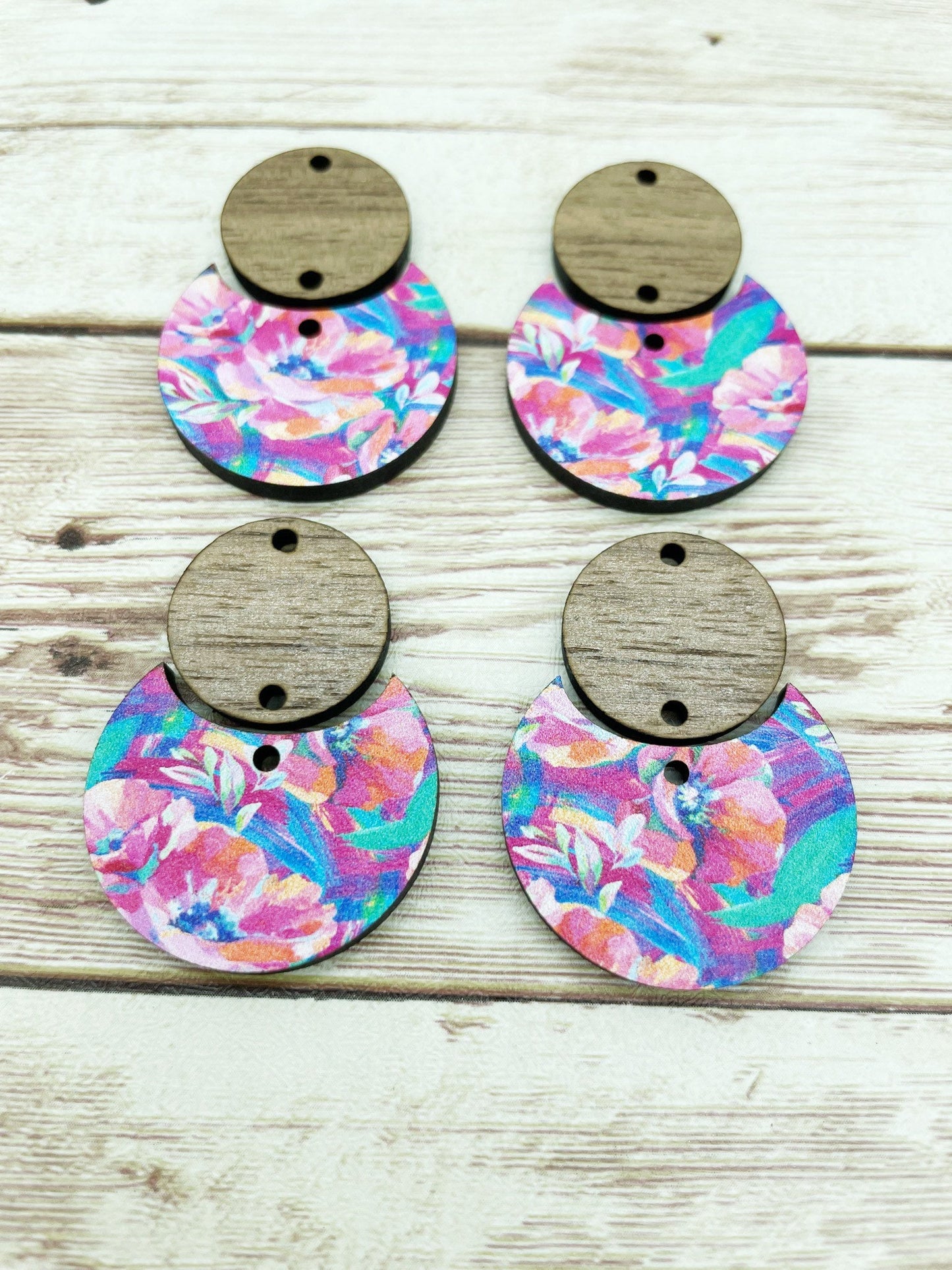 Patterned Multicolor Floral and Wood Circle Set Earring Blanks, DIY Jewelry Making