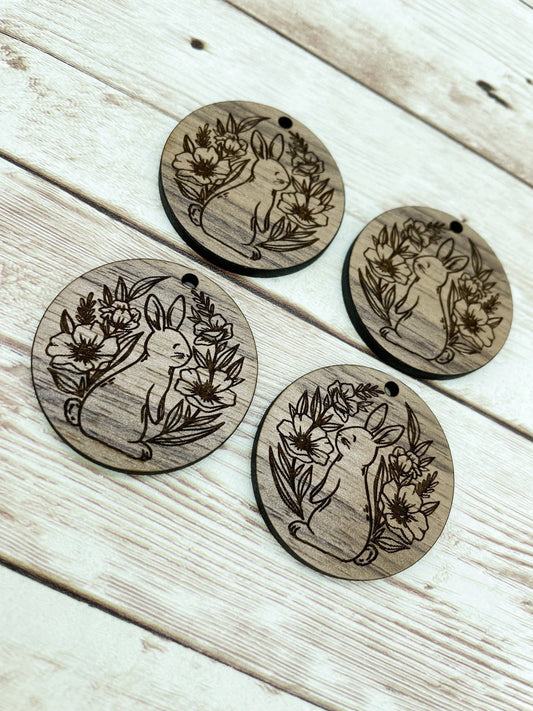 Wood Circle Engraved Floral Bunny Rabbit Easter Earring Blanks, Finished Walnut Blank, DIY Jewelry Making