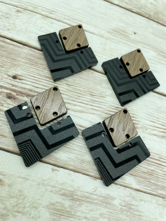 Patterned Chevron Black Acrylic and Wood Earring Blanks, DIY Jewelry Making
