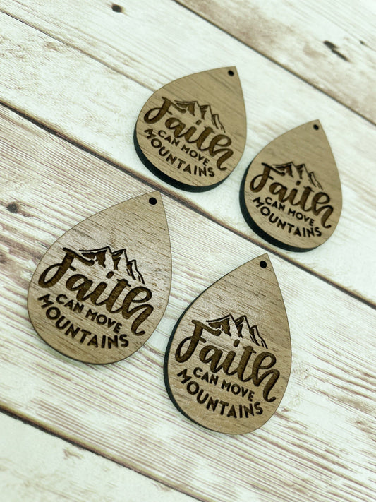 Wood Teardrop Engraved Faith Can Move Mountains Earring Blanks, Finished Walnut Blank, DIY Jewelry Making