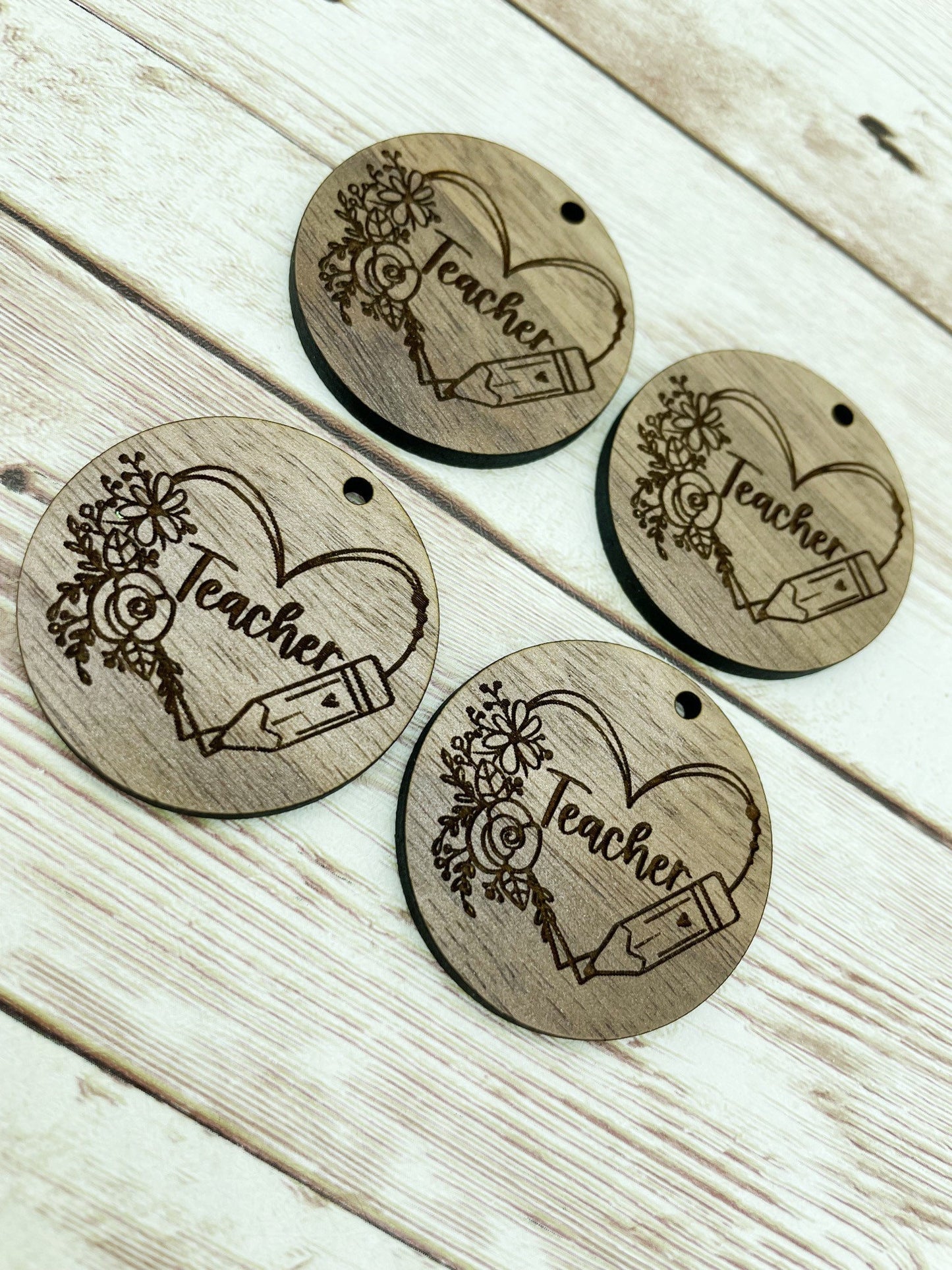 Wood Circle Engraved Floral Teacher Earring Blanks, Finished Walnut Blank, DIY Jewelry Making