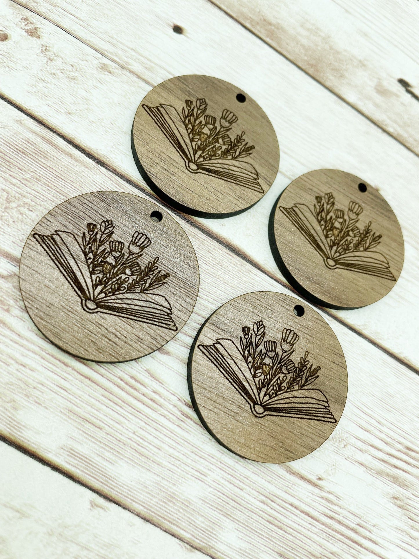 Wood Circle Engraved Floral Book Earring Blanks, Finished Walnut Blank, DIY Jewelry Making