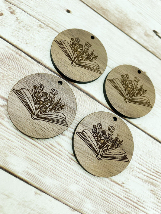 Wood Circle Engraved Floral Book Earring Blanks, Finished Walnut Blank, DIY Jewelry Making